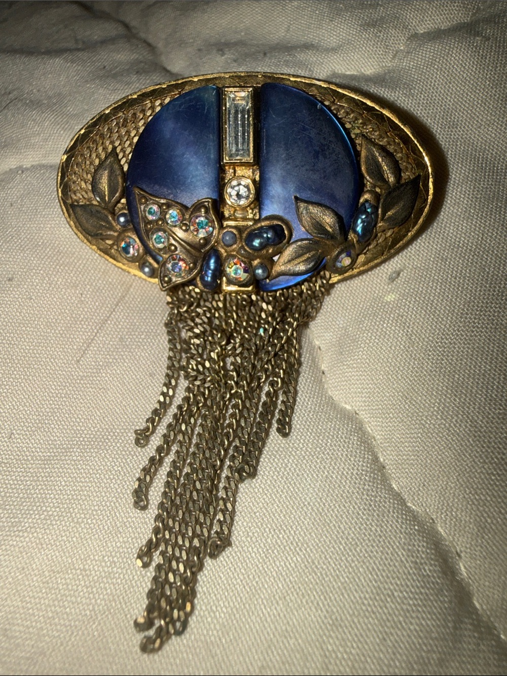 Vintage Gold-Tone Blue Enamel Floral Tassel Brooch - Elegant Women’s Jewelry